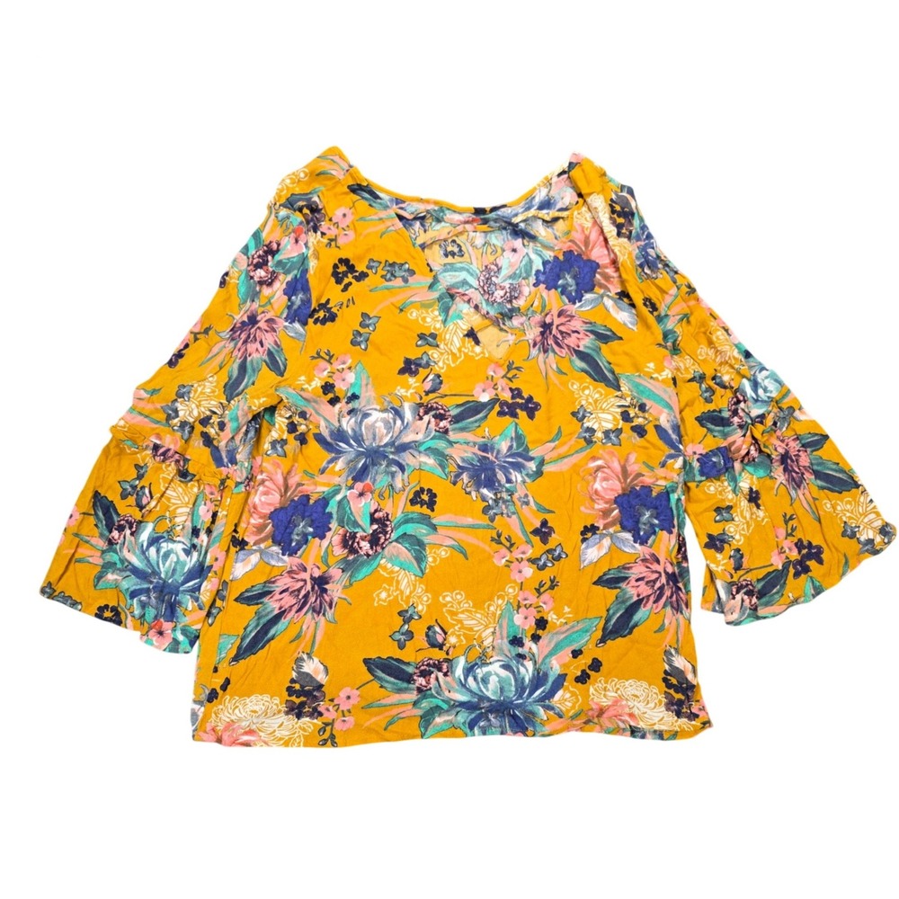 Ava &‎ Viv Floral Bell Sleeve Blouse Women's Size 1X Mustard Yellow  Boho Rayon